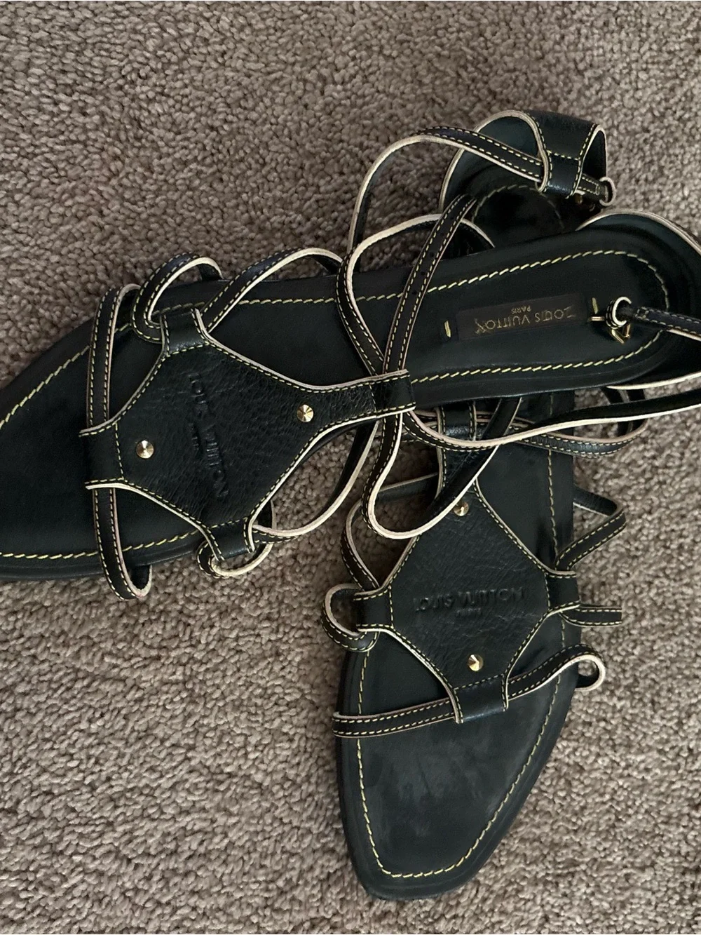 Louis Vuitton Black Leather Strappy Sandals with Contrast Stitching